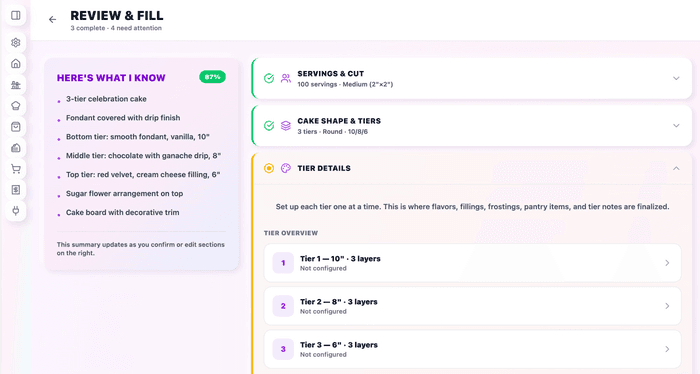 Custom cake quote builder in Costli