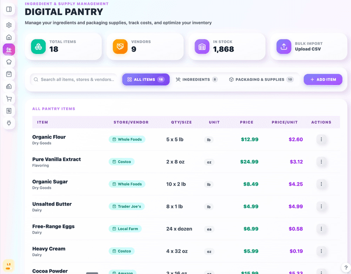 Digital pantry with ingredient costs in Costli